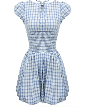 Blue Plaid Puff Sleeve Dress
