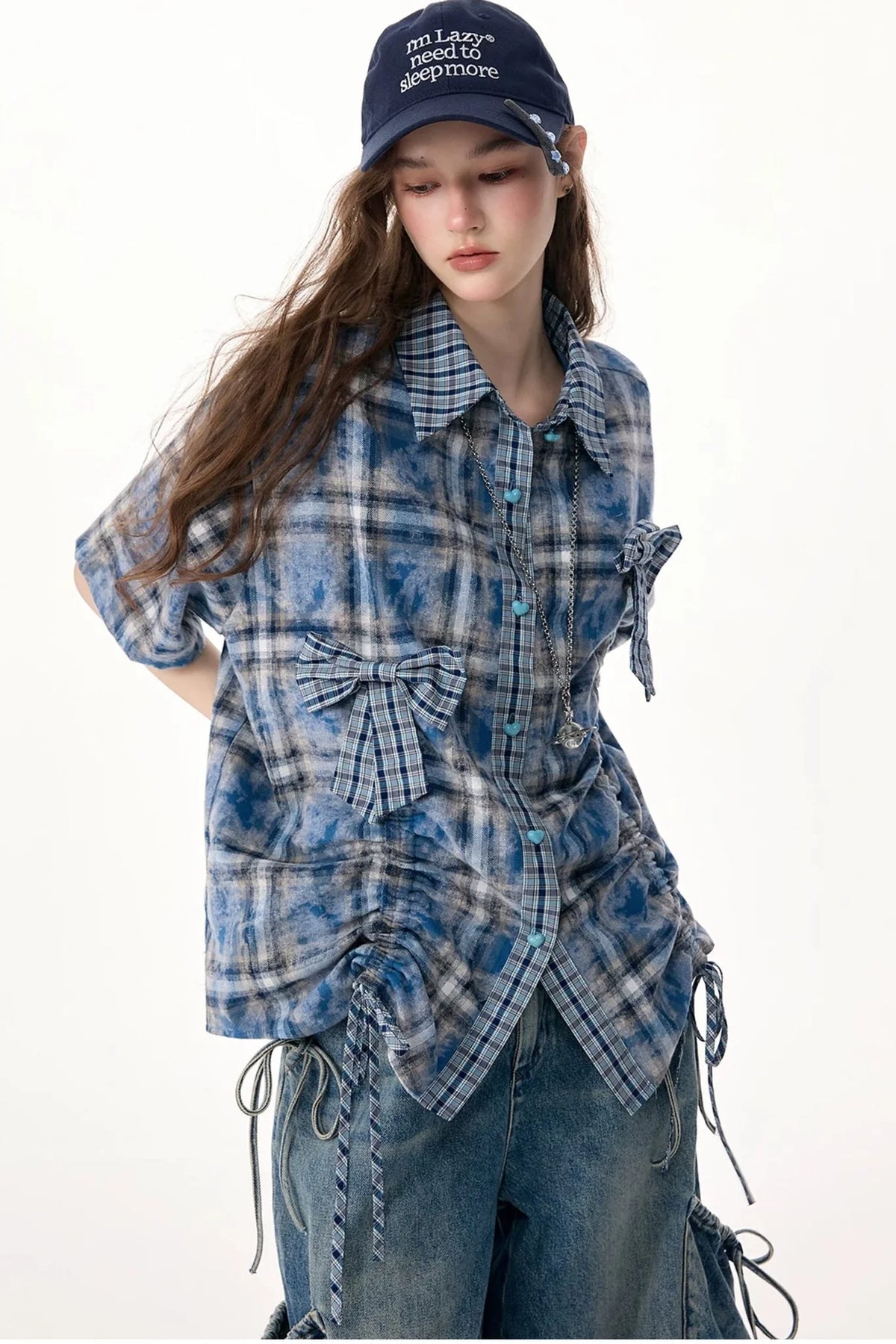 Blue Plaid Short Sleeve Bow Detail Shirt