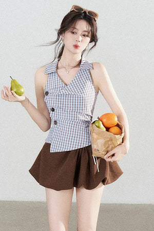 Blue Plaid Sleeveless Halter Shirt and Irregular Hem Skirt Set-Up