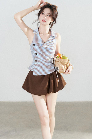 Blue Plaid Sleeveless Halter Shirt and Irregular Hem Skirt Set-Up