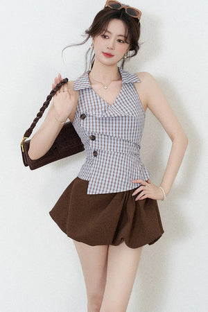 Blue Plaid Sleeveless Halter Shirt and Irregular Hem Skirt Set-Up
