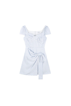 Blue Plaid Square Neck Irregular Dress