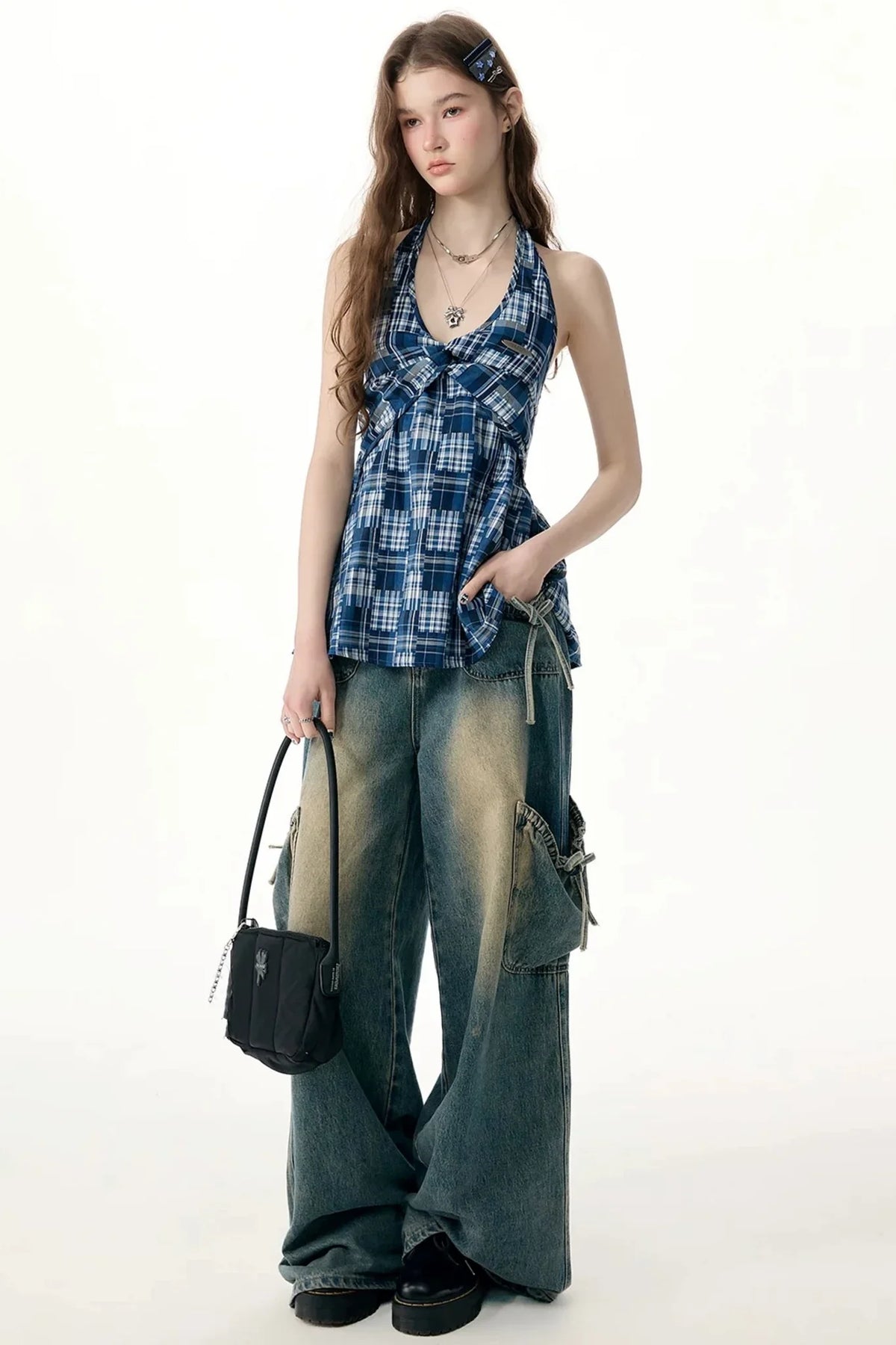 Blue Plaid Twist Knot Halter Top