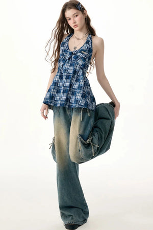 Blue Plaid Twist Knot Halter Top