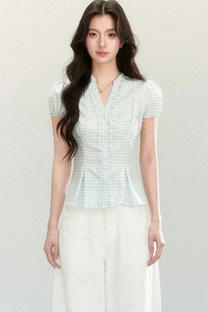 Blue Plaid V-Neck Short Sleeve Blouse