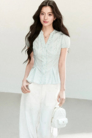 Blue Plaid V-Neck Short Sleeve Blouse