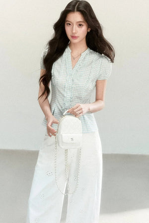 Blue Plaid V-Neck Short Sleeve Blouse