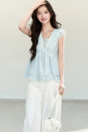 Blue Polka Dot Flutter Sleeve Blouse