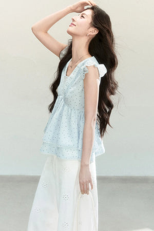 Blue Polka Dot Flutter Sleeve Blouse