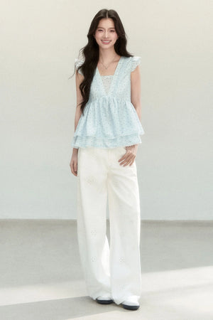 Blue Polka Dot Flutter Sleeve Blouse