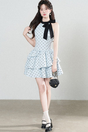 Blue Polka Dot Halter Dress
