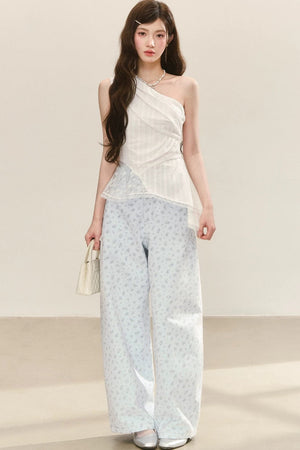 Blue Preppy Wide-Leg Pants