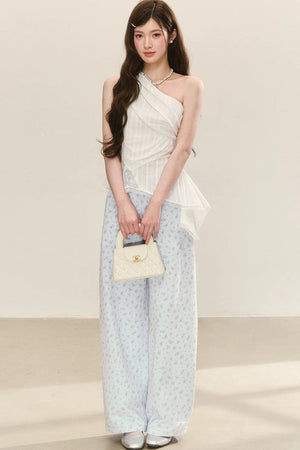 Blue Preppy Wide-Leg Pants
