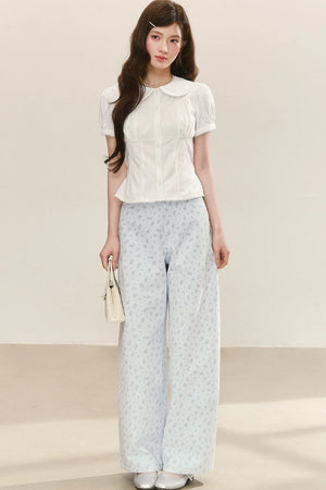 Blue Preppy Wide-Leg Pants