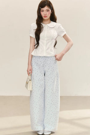 Blue Preppy Wide-Leg Pants