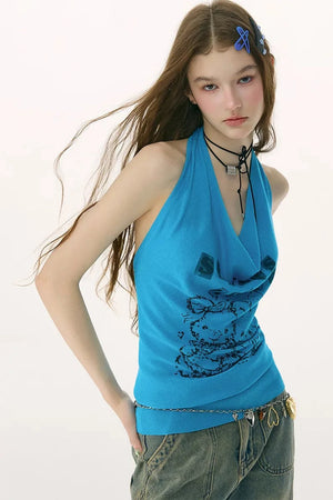 Blue Rabbit Print Halter Top