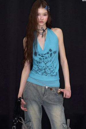Blue Rabbit Print Halter Top