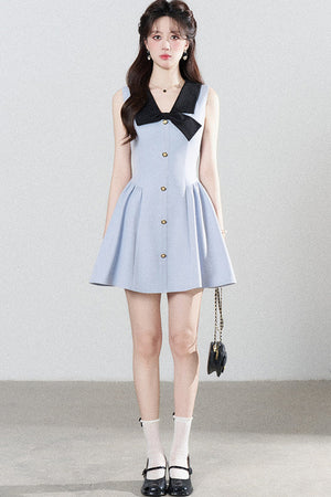 Blue Sleeveless Collar Bow Dress