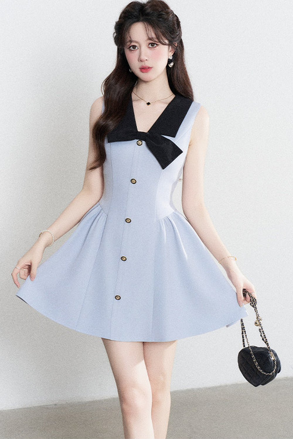 Blue Sleeveless Collar Bow Dress
