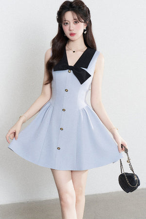 Blue Sleeveless Collar Bow Dress