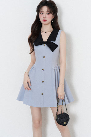 Blue Sleeveless Collar Bow Dress