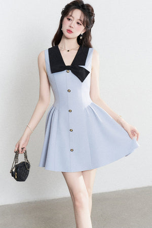 Blue Sleeveless Collar Bow Dress