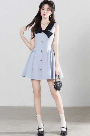 Blue Sleeveless Collar Bow Dress