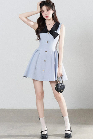 Blue Sleeveless Collar Bow Dress