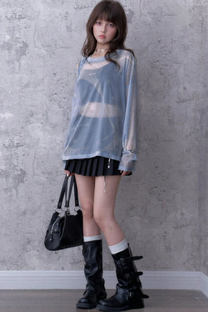 Blue Sparkling Mesh Sweatshirt Style Top