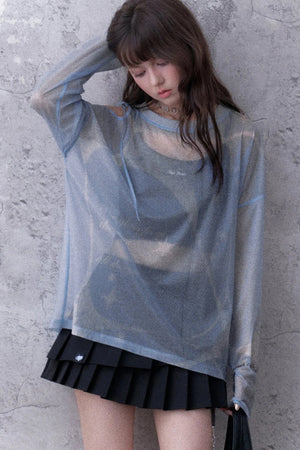 Blue Sparkling Mesh Sweatshirt Style Top