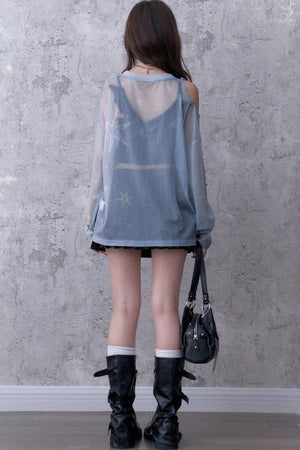 Blue Sparkling Mesh Sweatshirt Style Top