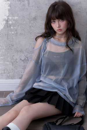 Blue Sparkling Mesh Sweatshirt Style Top