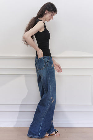 Blue Star Embroidered Wide-Leg Jeans