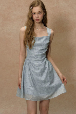 Blue Strap Waist-Cinching Print Dress