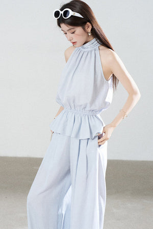 Blue Tencel Halter Shirt and Wide-Leg Pants Set
