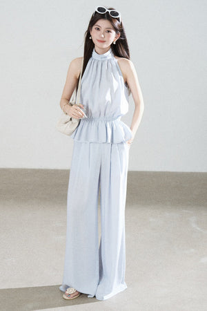 Blue Tencel Halter Shirt and Wide-Leg Pants Set