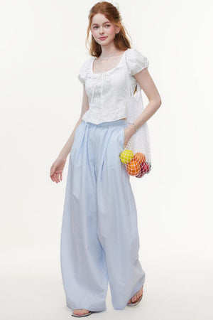 Blue & White Plaid High-Waisted Wide-Leg Pants