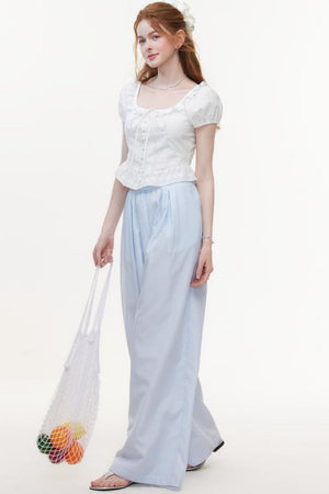 Blue & White Plaid High-Waisted Wide-Leg Pants