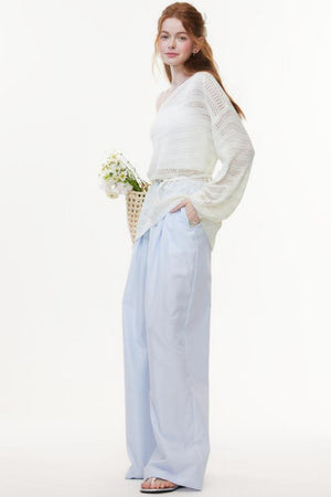 Blue & White Plaid High-Waisted Wide-Leg Pants