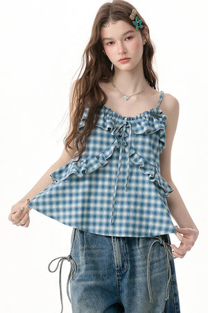 Blue White Plaid Ruffle Camisole