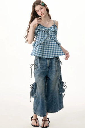 Blue White Plaid Ruffle Camisole
