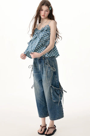 Blue White Plaid Ruffle Camisole