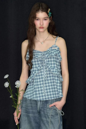 Blue White Plaid Ruffle Camisole