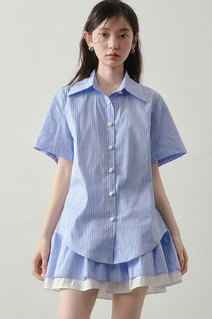 Blue White Striped Shirt and Pleated Skirt Set