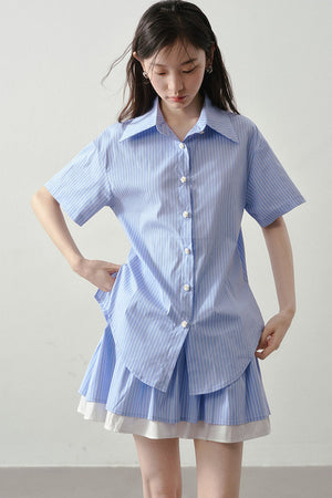 Blue White Striped Shirt and Pleated Skirt Set