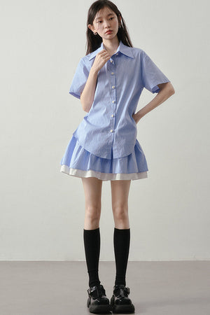 Blue White Striped Shirt and Pleated Skirt Set