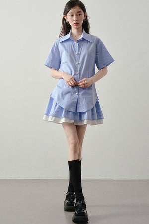 Blue White Striped Shirt and Pleated Skirt Set