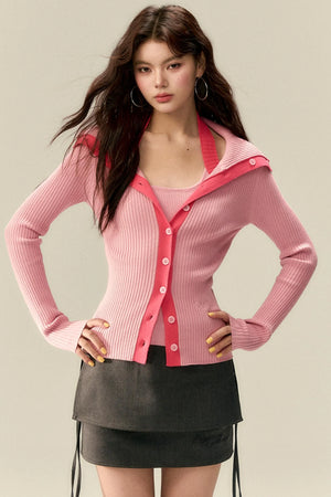 Bold Collar Contrast Cardigan Set-Up
