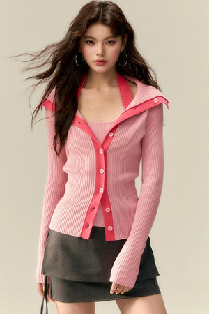 Bold Collar Contrast Cardigan Set-Up