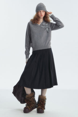Bow Detail Checked V-Neck Jumper
